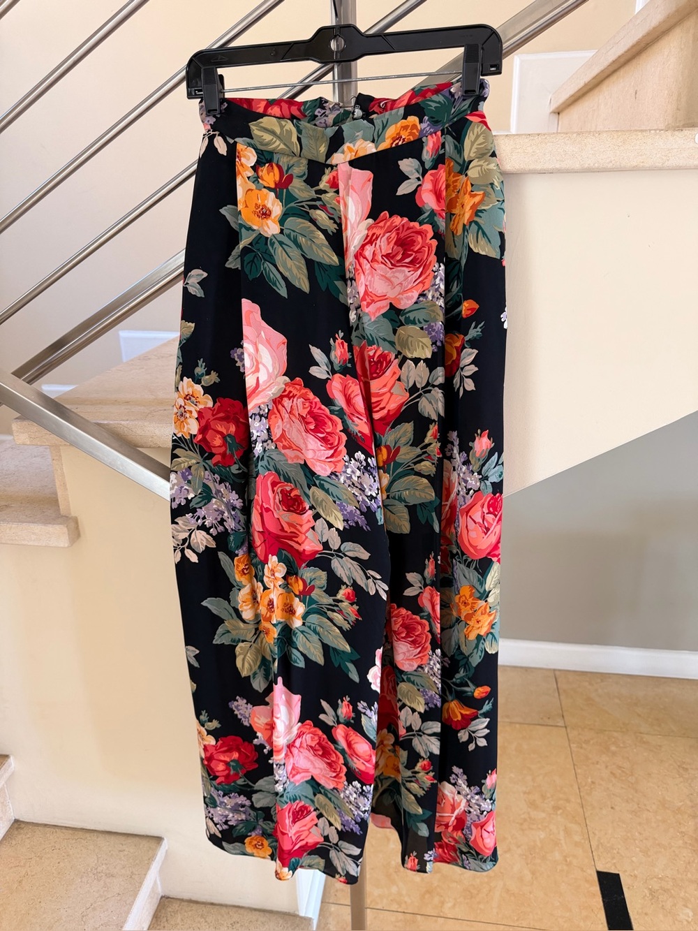 Vintage 90’s Floral Black high waisted wide leg pants with Red & Pink Roses